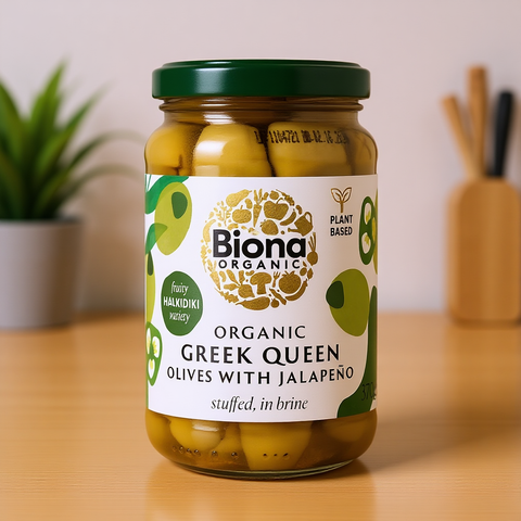Organic Greek Queen Olives with Jalapeno