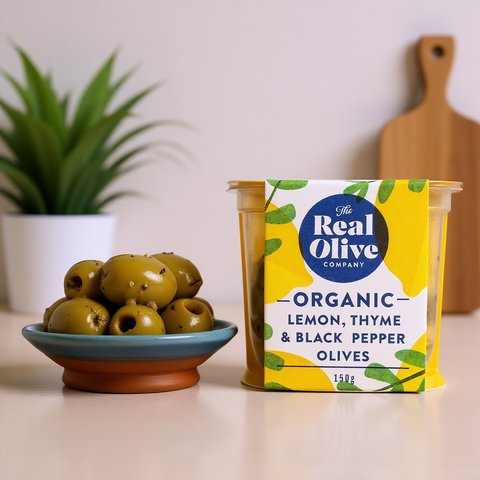 Org Lemon Thyme & Black Pepper Olives in Cold-pressed Oil
