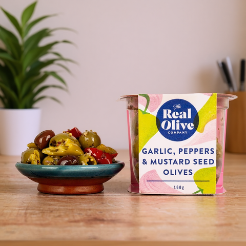 Garlic Peppers & Mustard Seed Pitted Olives