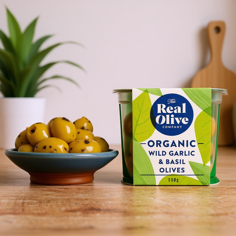 Organic Wild Garlic & Basil Olives in Cold-pressed Oil